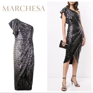 MARCHESA NOTTE One Shoulder Sequin Wrap Dress